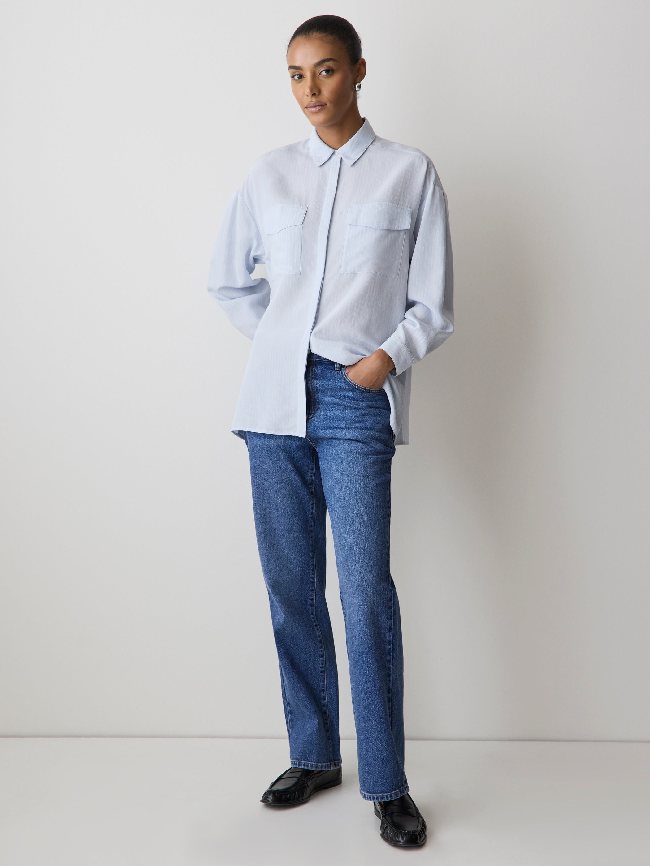 Striped Long-Sleeve Buttoned-Down Blouse with Pockets rw&co Special Promo Price