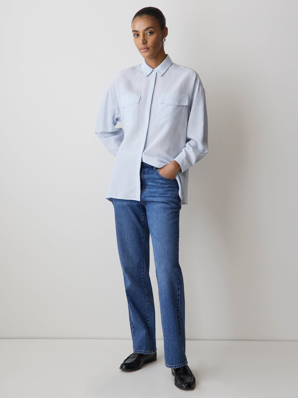 Striped Long-Sleeve Buttoned-Down Blouse with Pockets rw&co Special Promo Price