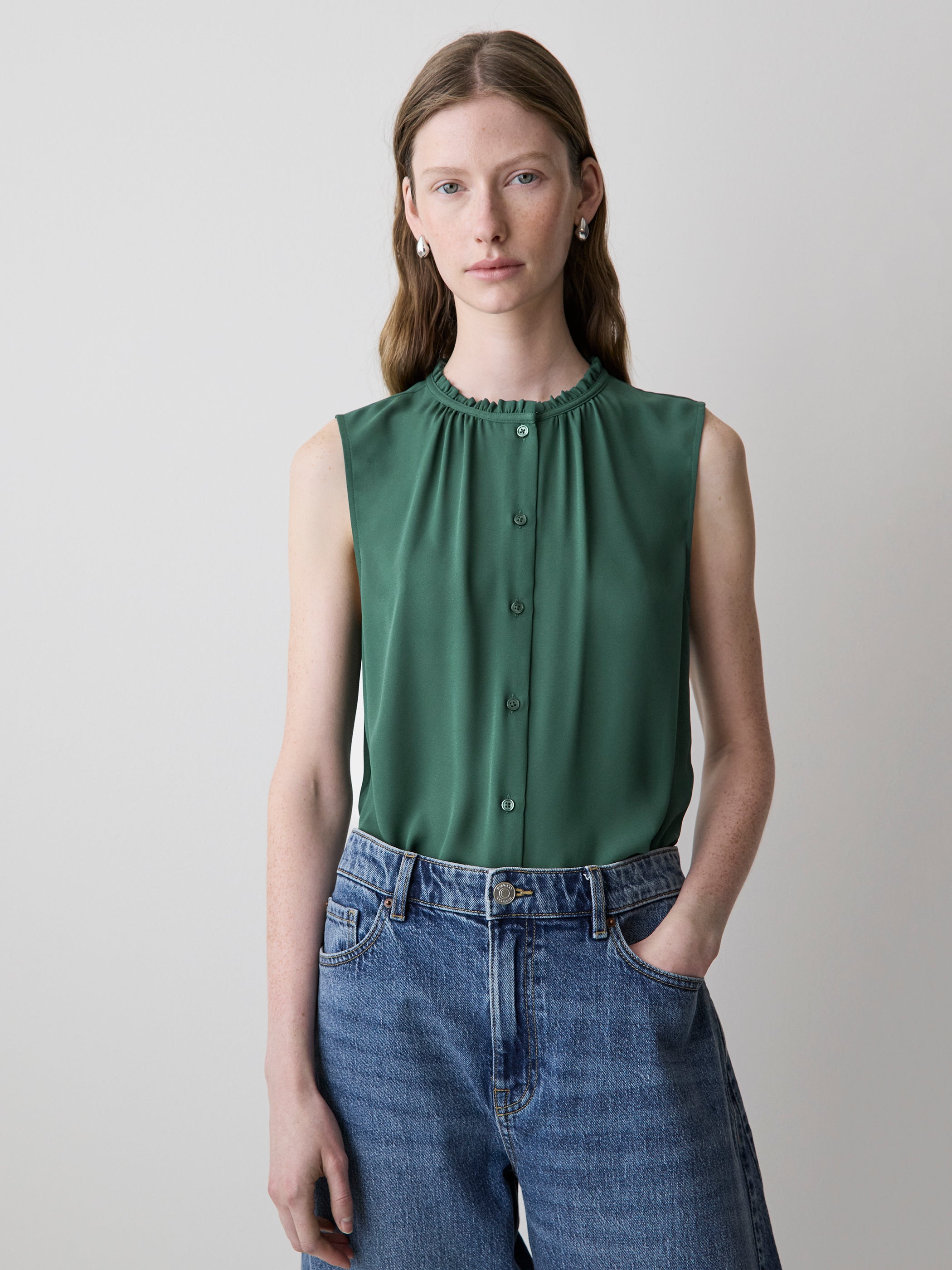 Sleeveless Buttoned-Down Blouse with Ruffled Trim rw&co Special Offer