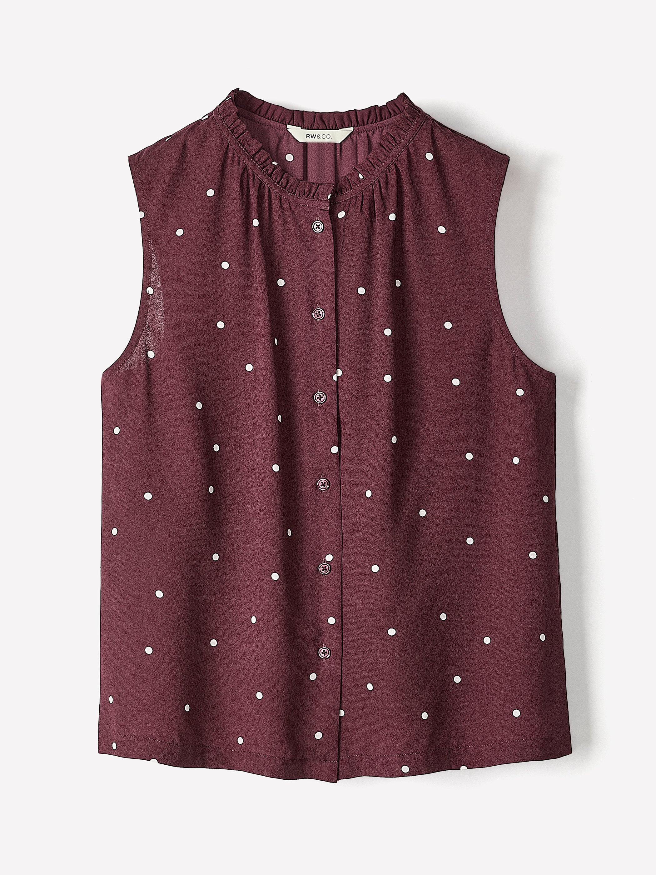 Sleeveless Buttoned-Down Blouse with Ruffled Trim rw&co Special Offer