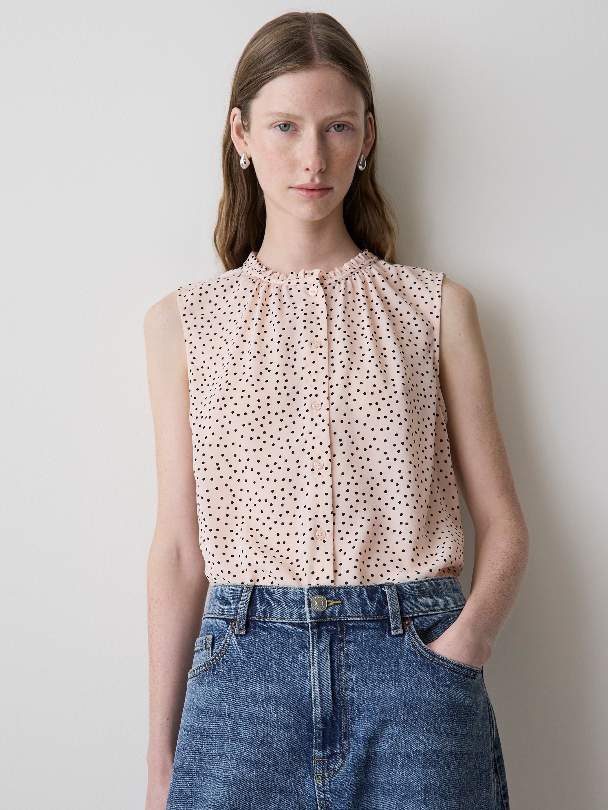 Sleeveless Buttoned-Down Blouse with Ruffled Trim rw&co Special Offer
