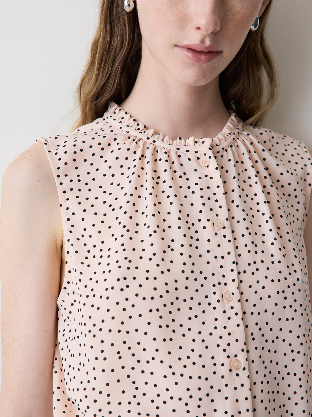 Sleeveless Buttoned-Down Blouse with Ruffled Trim rw&co Special Offer