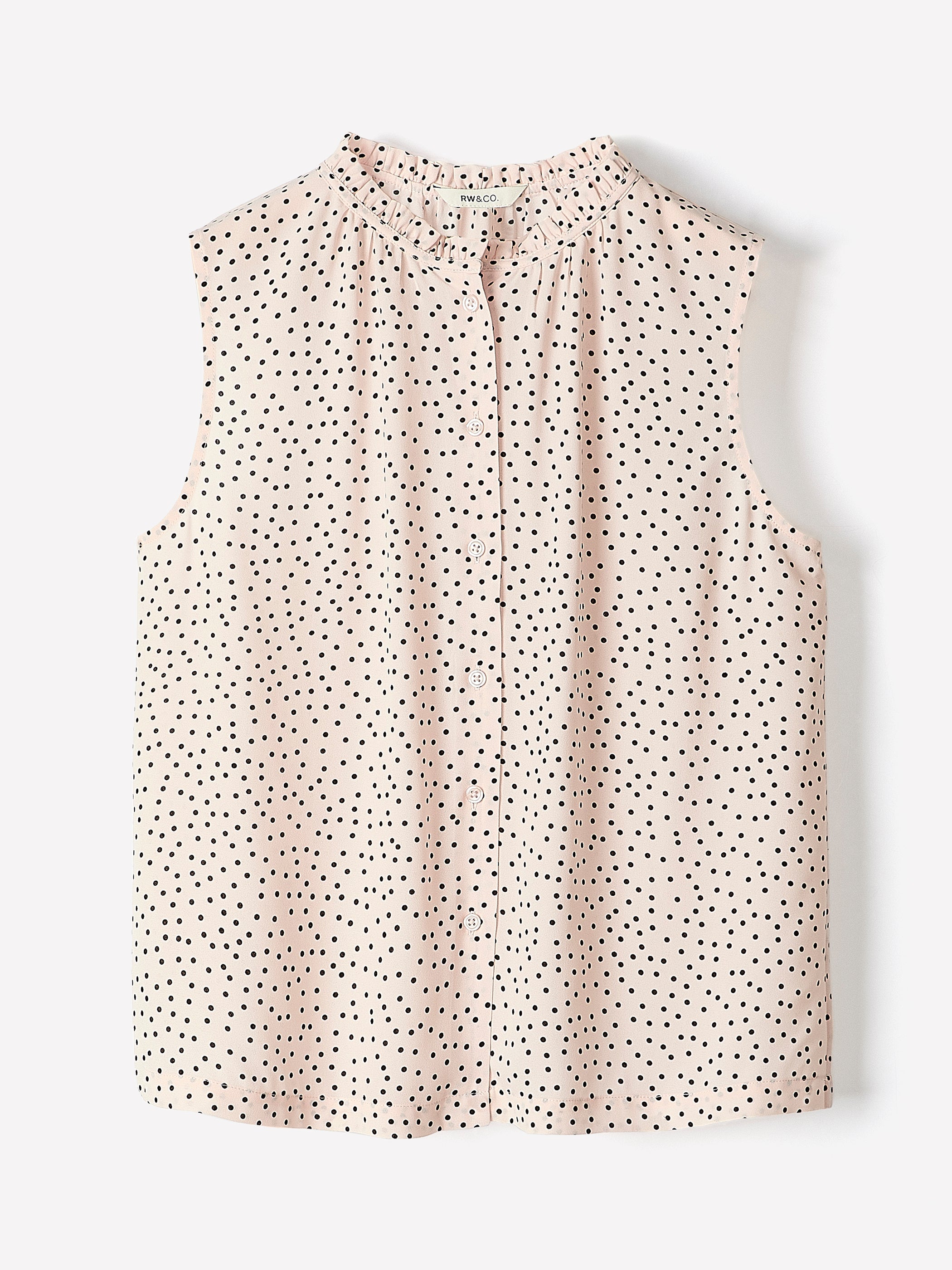 Sleeveless Buttoned-Down Blouse with Ruffled Trim rw&co Special Offer