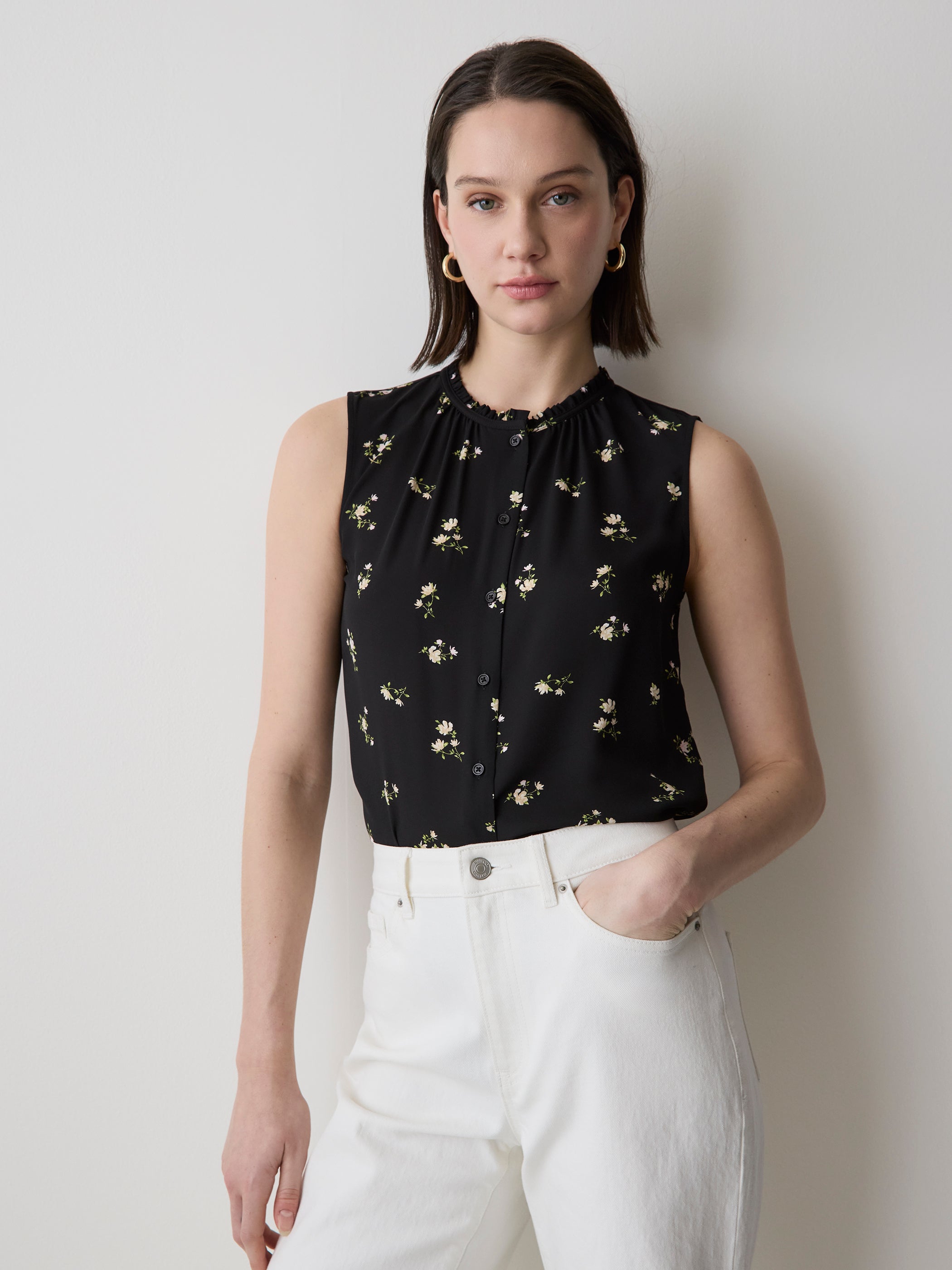 Sleeveless Buttoned-Down Blouse with Ruffled Trim rw&co Special Offer