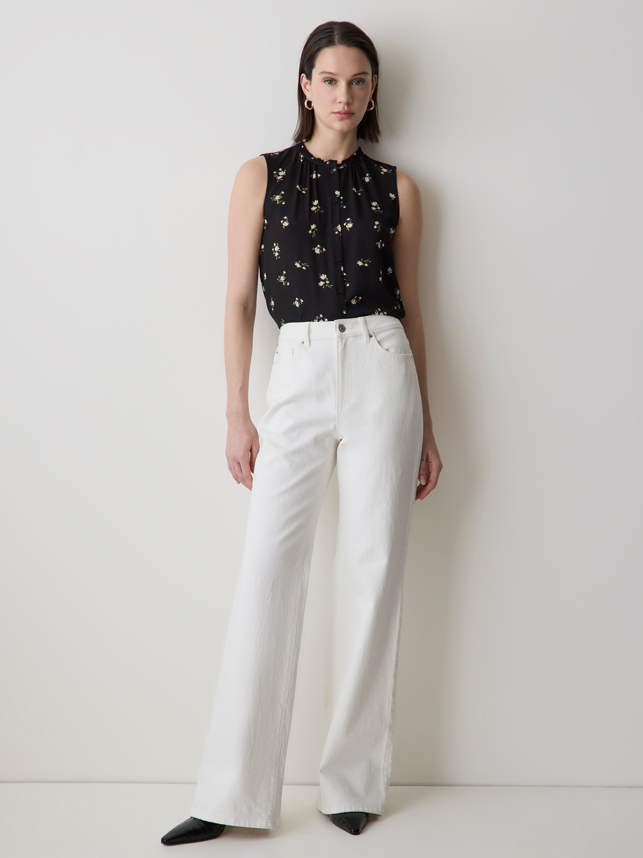 Sleeveless Buttoned-Down Blouse with Ruffled Trim rw&co Special Offer