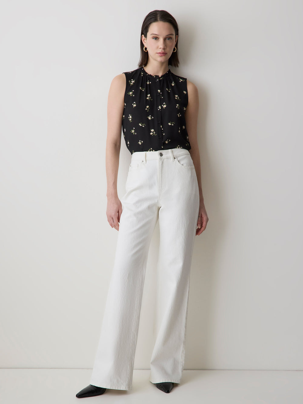 Sleeveless Buttoned-Down Blouse with Ruffled Trim rw&co Special Offer