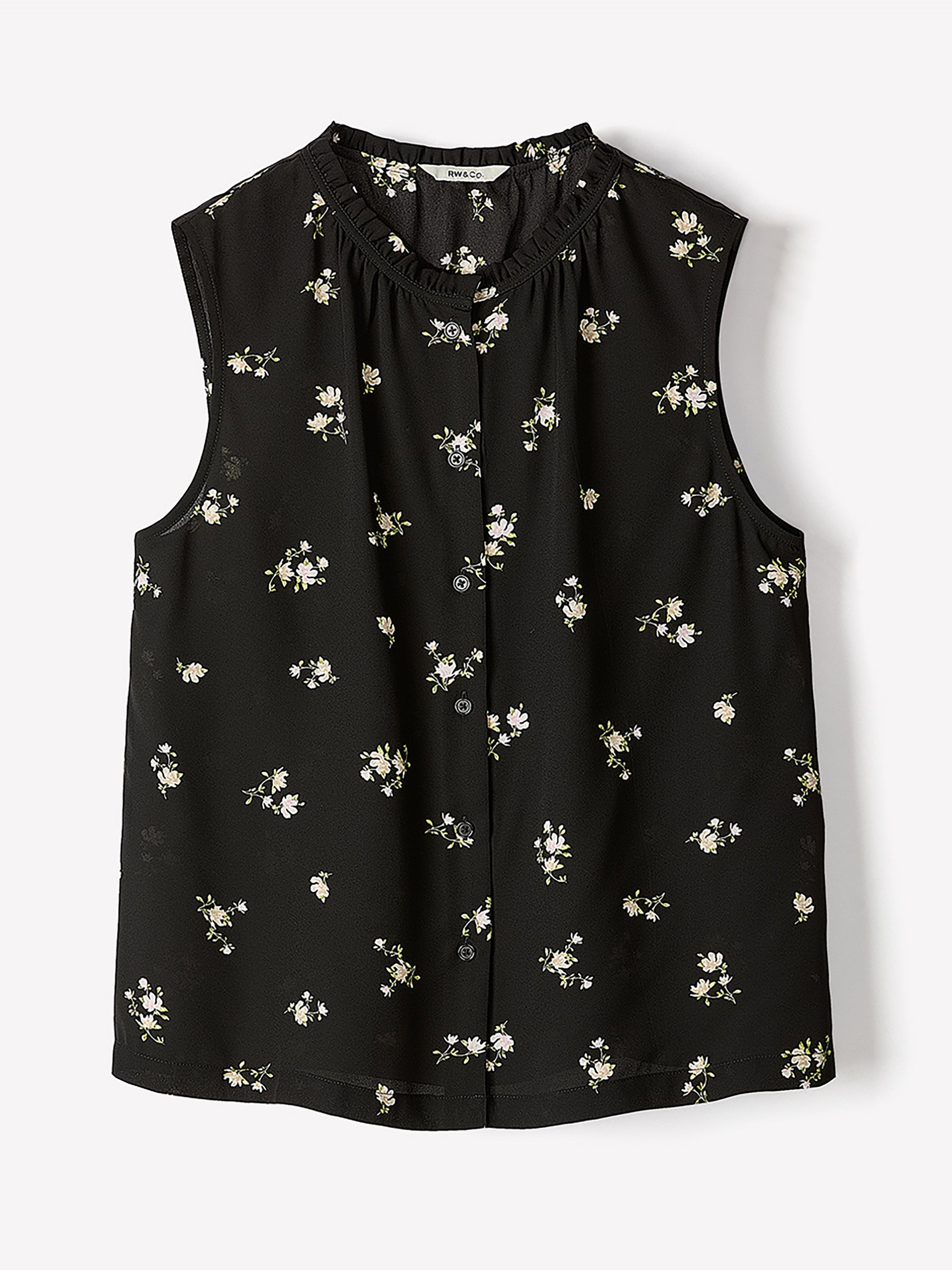 Sleeveless Buttoned-Down Blouse with Ruffled Trim rw&co Special Offer