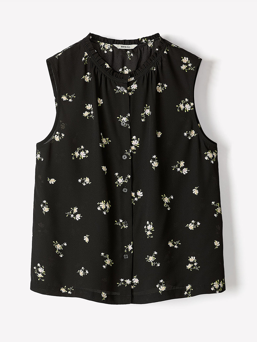 Sleeveless Buttoned-Down Blouse with Ruffled Trim rw&co Special Offer