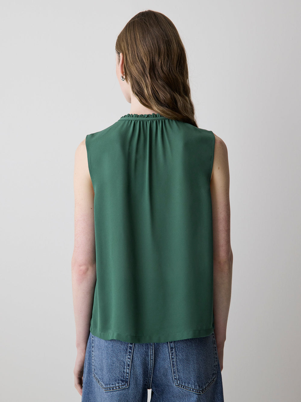 Sleeveless Buttoned-Down Blouse with Ruffled Trim rw&co Special Offer