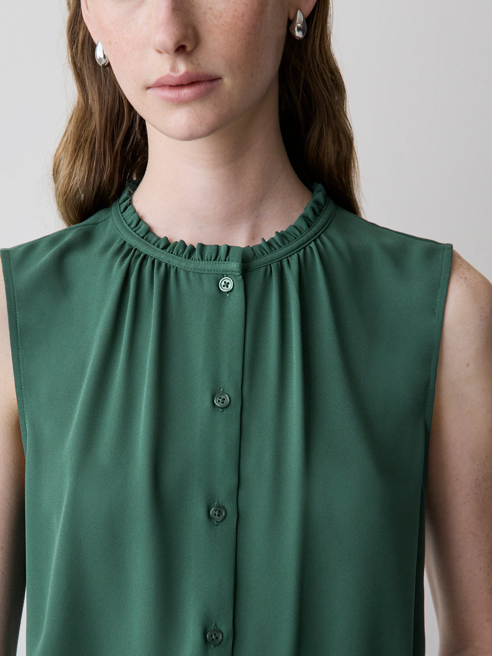 Sleeveless Buttoned-Down Blouse with Ruffled Trim rw&co Special Offer