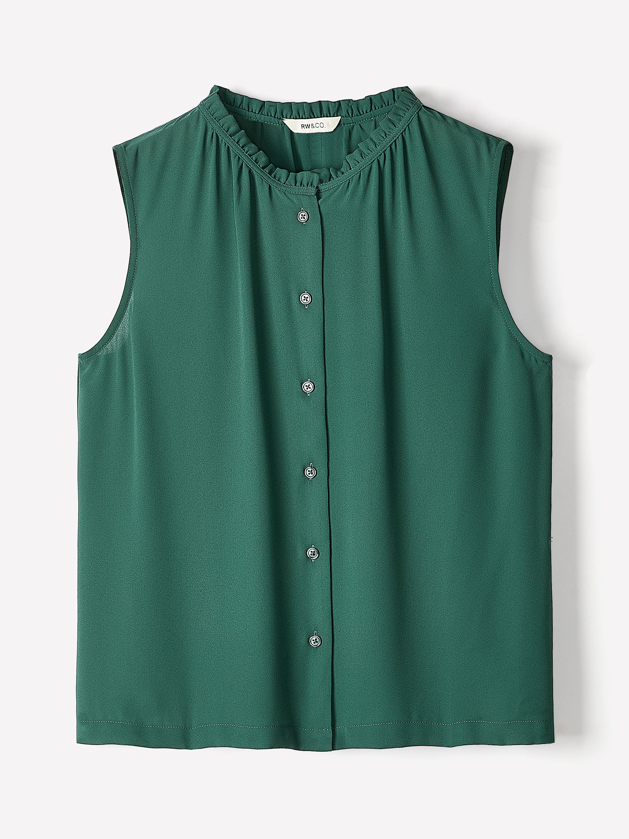 Sleeveless Buttoned-Down Blouse with Ruffled Trim rw&co Special Offer