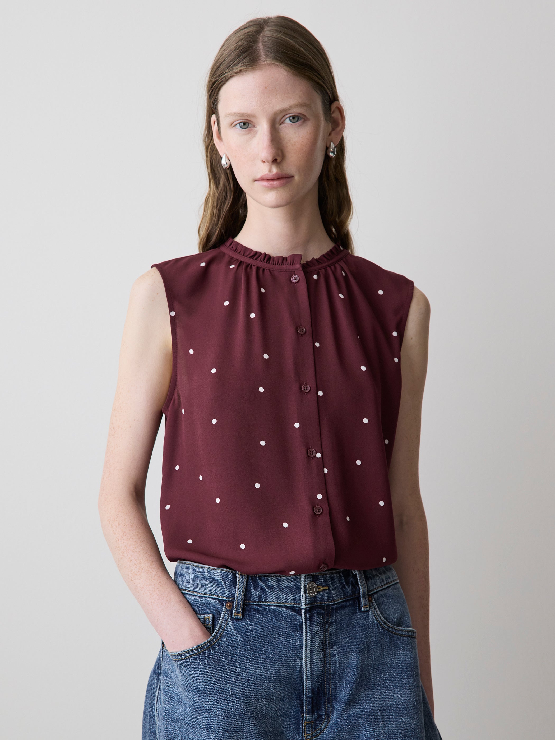 Sleeveless Buttoned-Down Blouse with Ruffled Trim rw&co Special Offer
