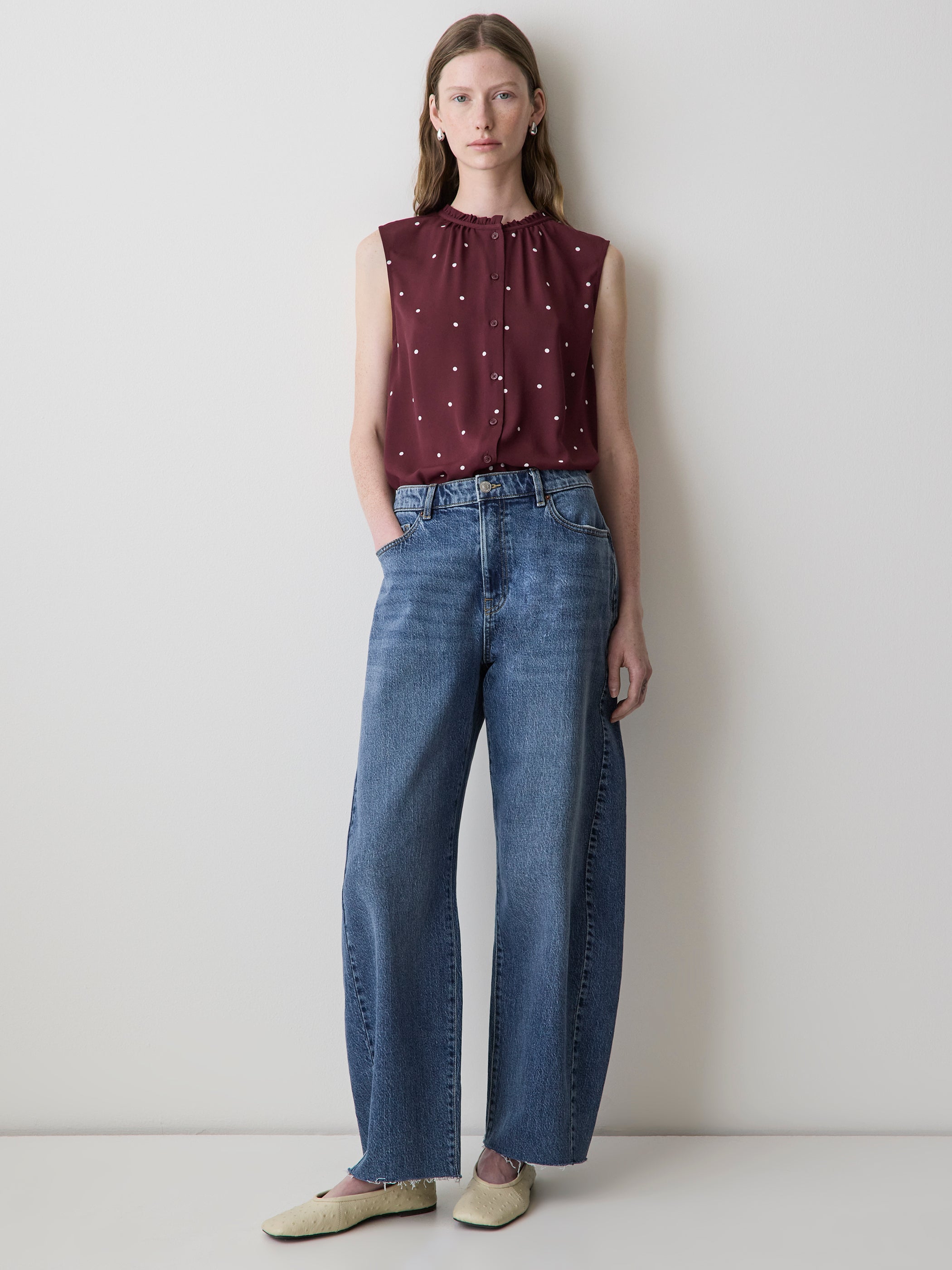 Sleeveless Buttoned-Down Blouse with Ruffled Trim rw&co Special Offer