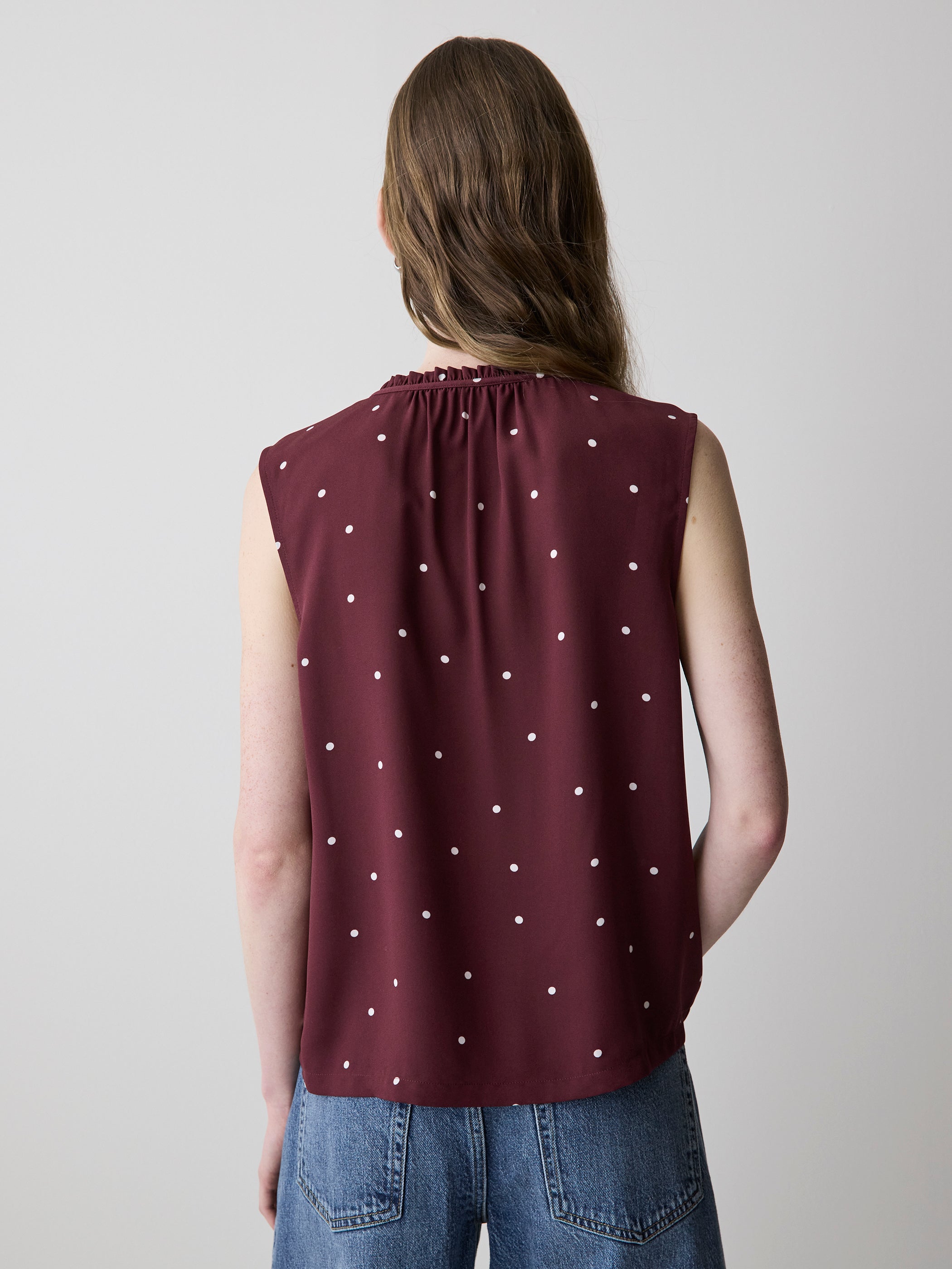 Sleeveless Buttoned-Down Blouse with Ruffled Trim rw&co Special Offer