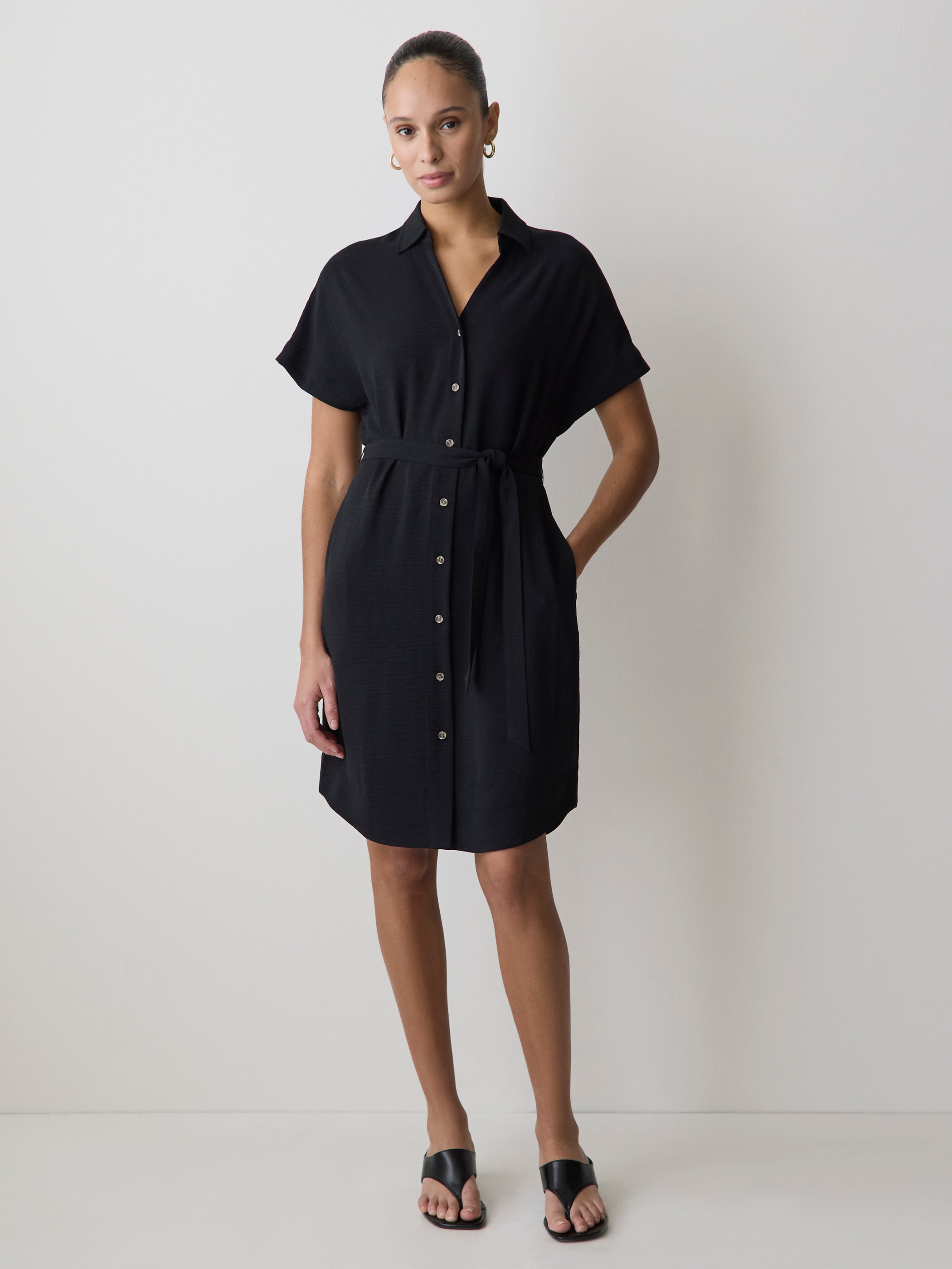 Short-Sleeve Buttoned-Down Midi Dress with Shirt Collar rw&co Special Promo Price