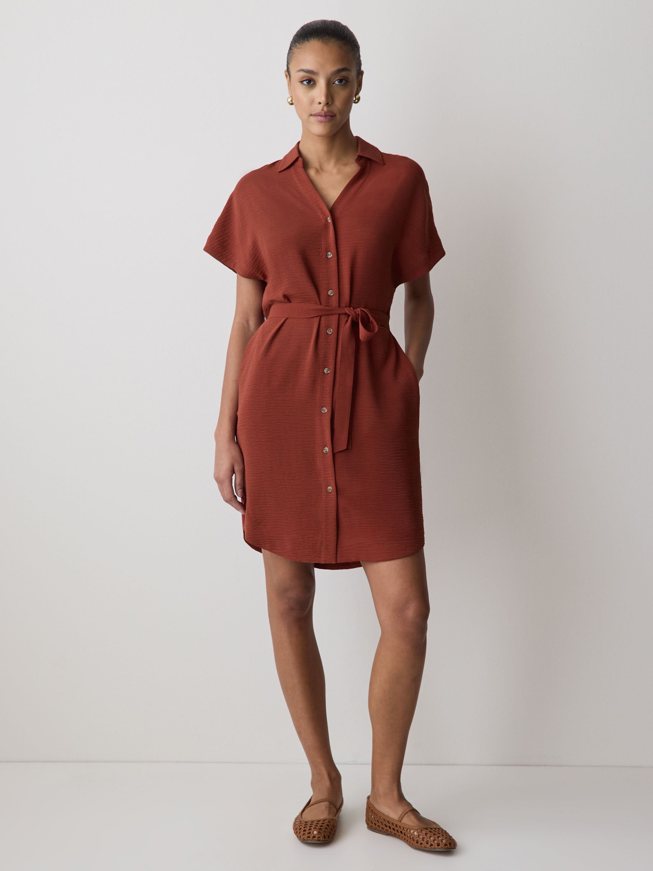 Short-Sleeve Buttoned-Down Midi Dress with Shirt Collar rw&co Special Promo Price
