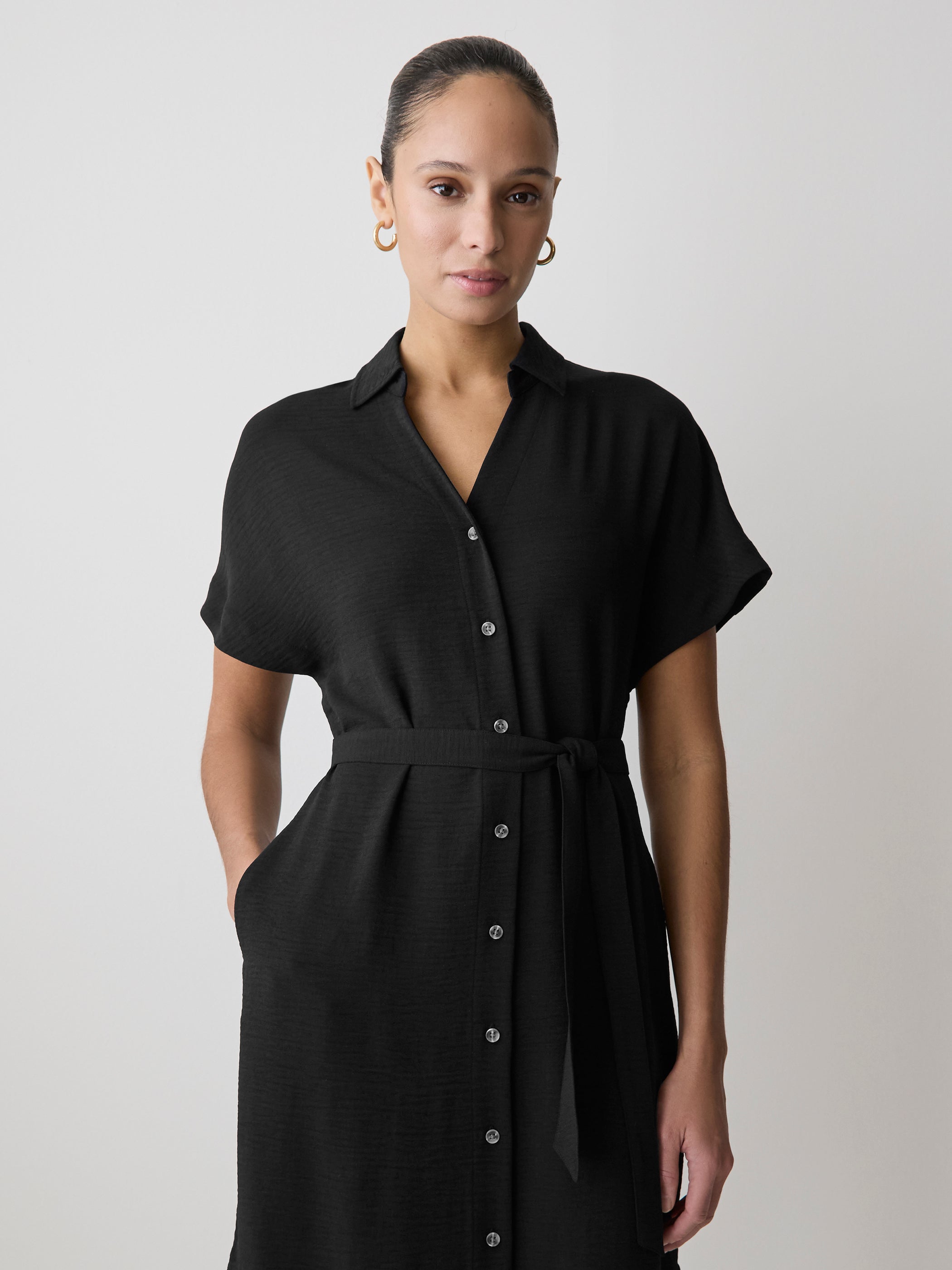 Short-Sleeve Buttoned-Down Midi Dress with Shirt Collar rw&co Special Promo Price