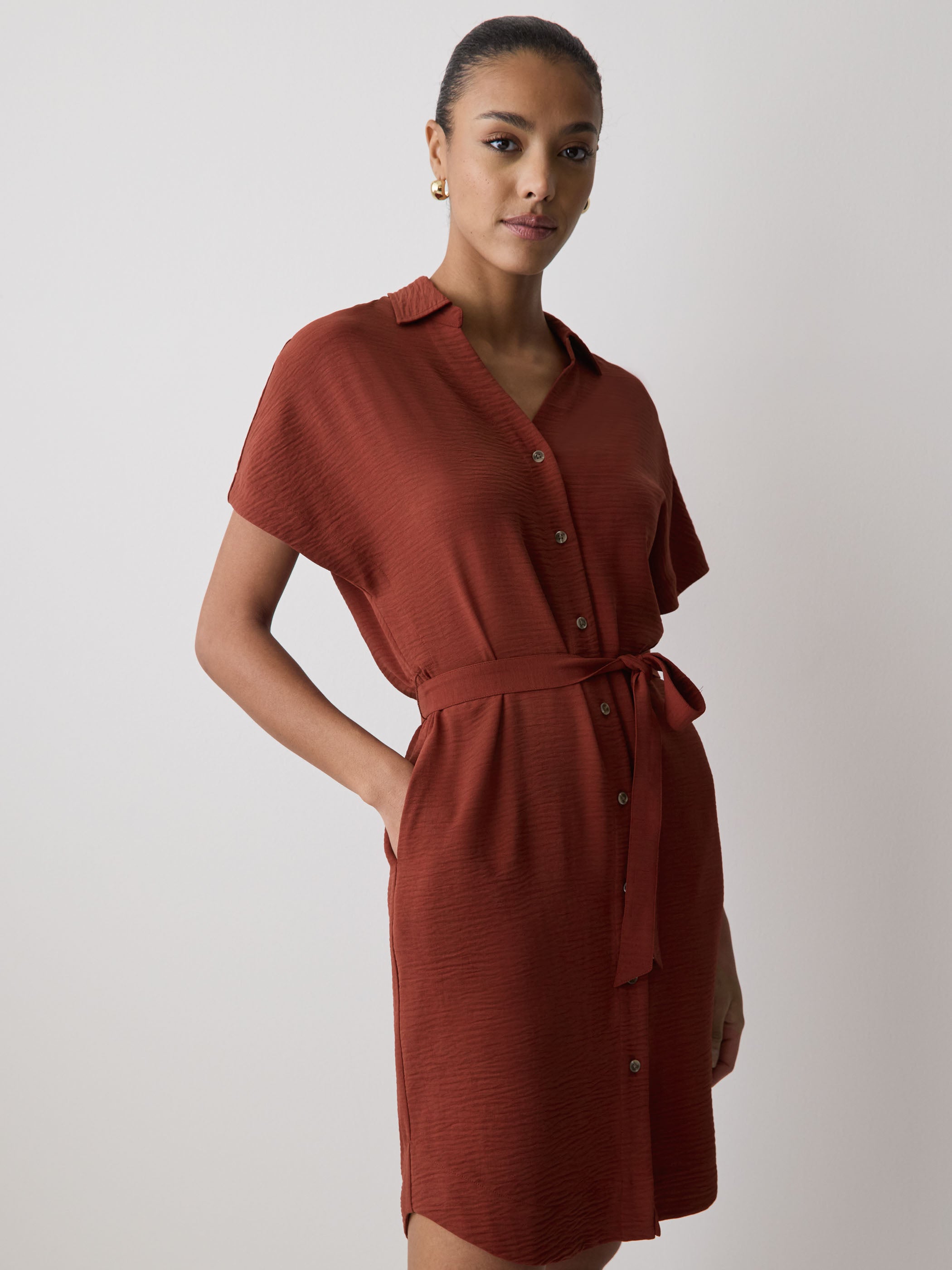 Short-Sleeve Buttoned-Down Midi Dress with Shirt Collar rw&co Special Promo Price