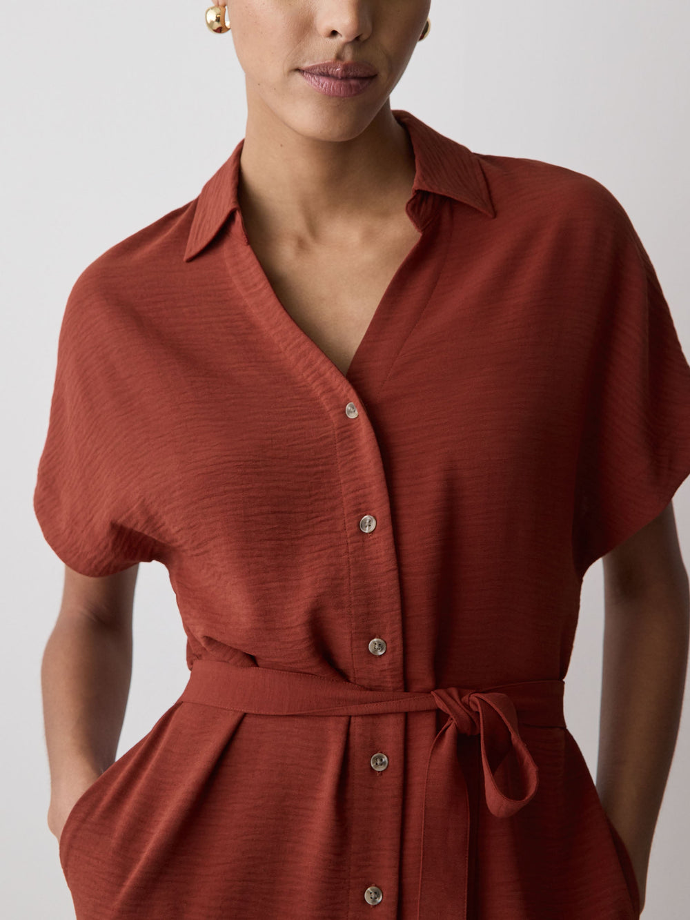 Short-Sleeve Buttoned-Down Midi Dress with Shirt Collar rw&co Special Promo Price