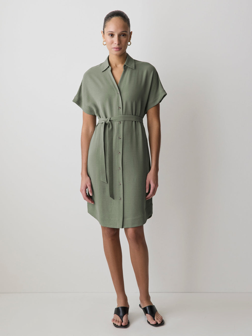 Short-Sleeve Buttoned-Down Midi Dress with Shirt Collar rw&co Special Promo Price