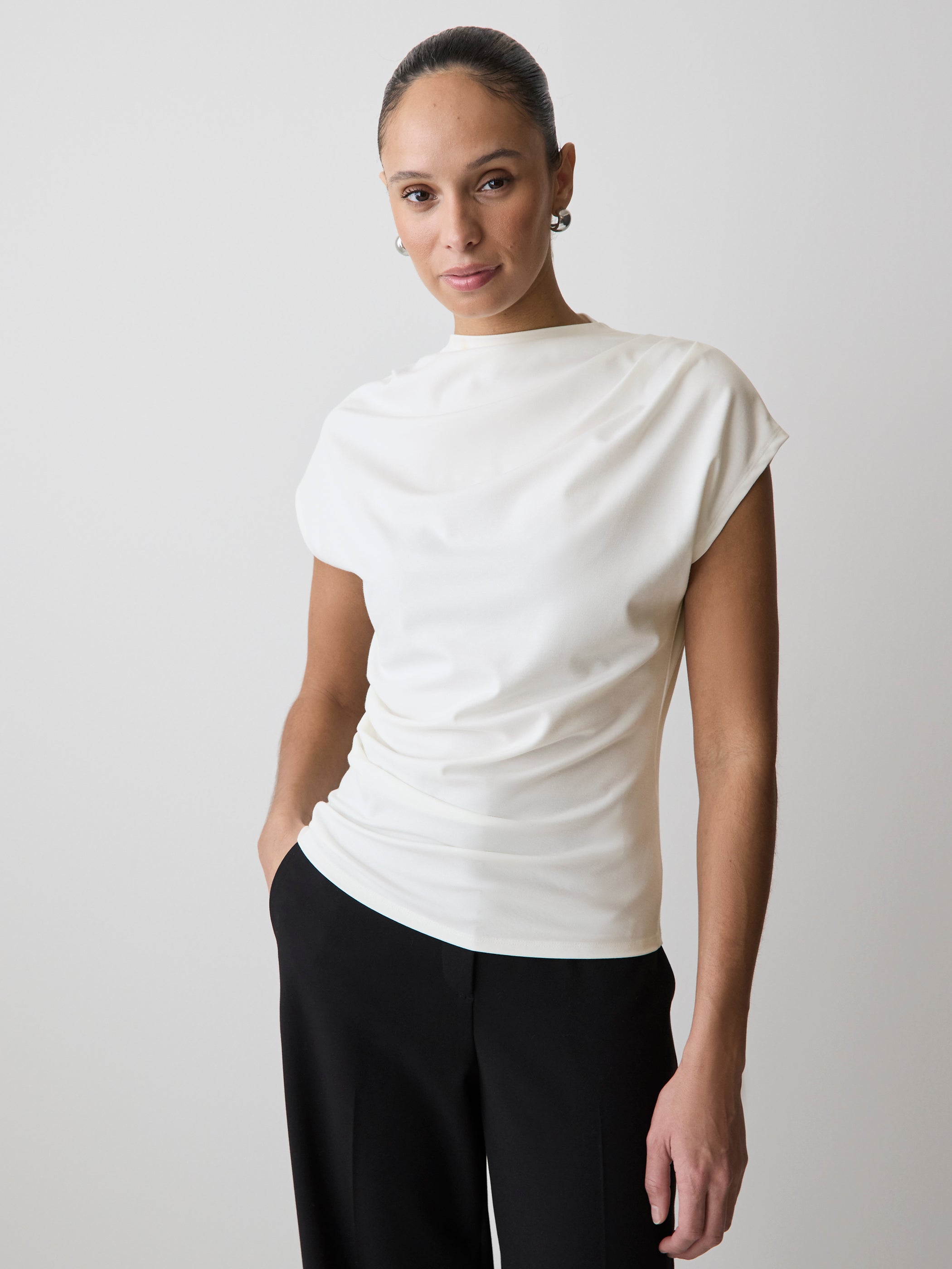 Extended-Sleeve Crew-Neck Draped Top rw&co Great Value Deal