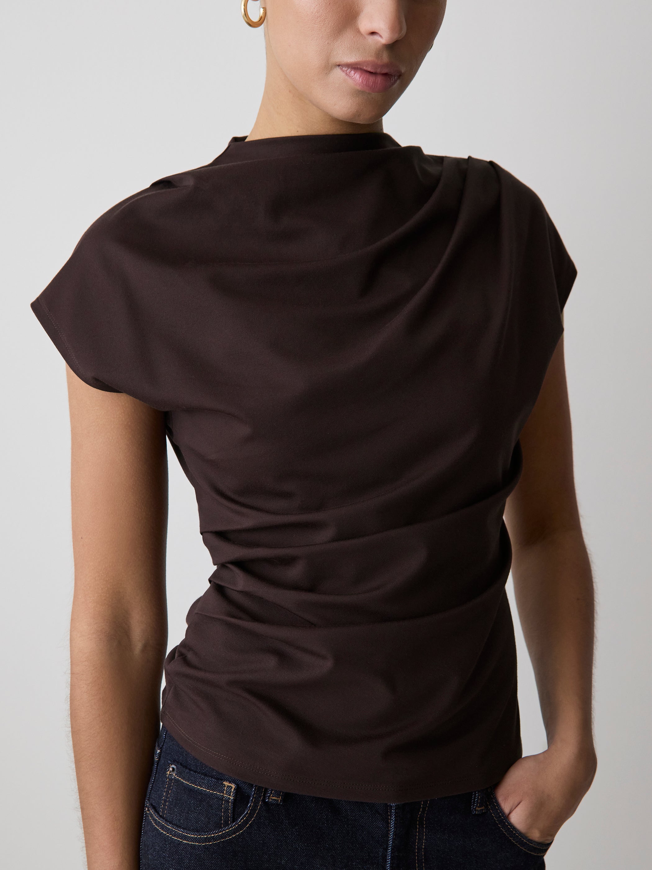 Extended-Sleeve Crew-Neck Draped Top rw&co Great Value Deal