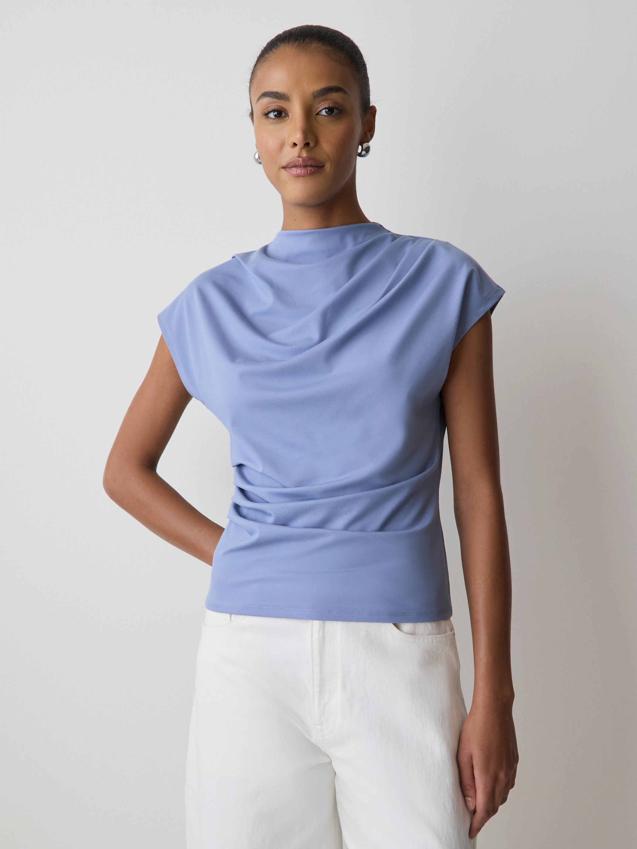 Extended-Sleeve Crew-Neck Draped Top rw&co Great Value Deal