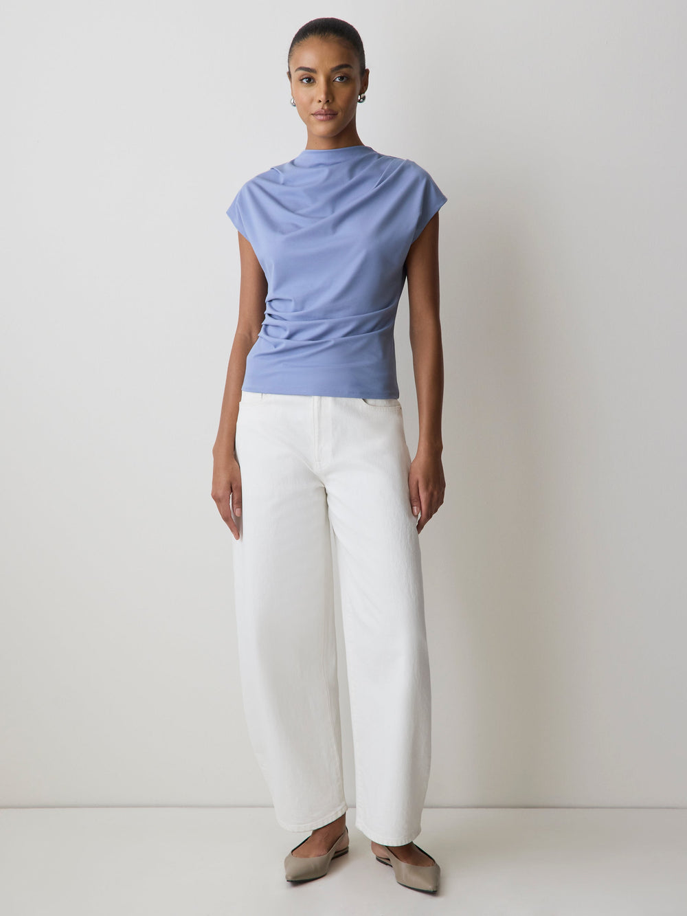 Extended-Sleeve Crew-Neck Draped Top rw&co Great Value Deal