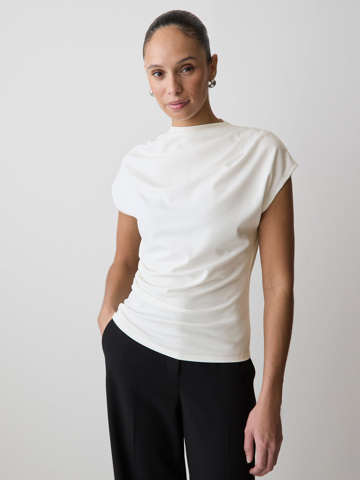 Extended-Sleeve Crew-Neck Draped Top rw&co Great Value Deal
