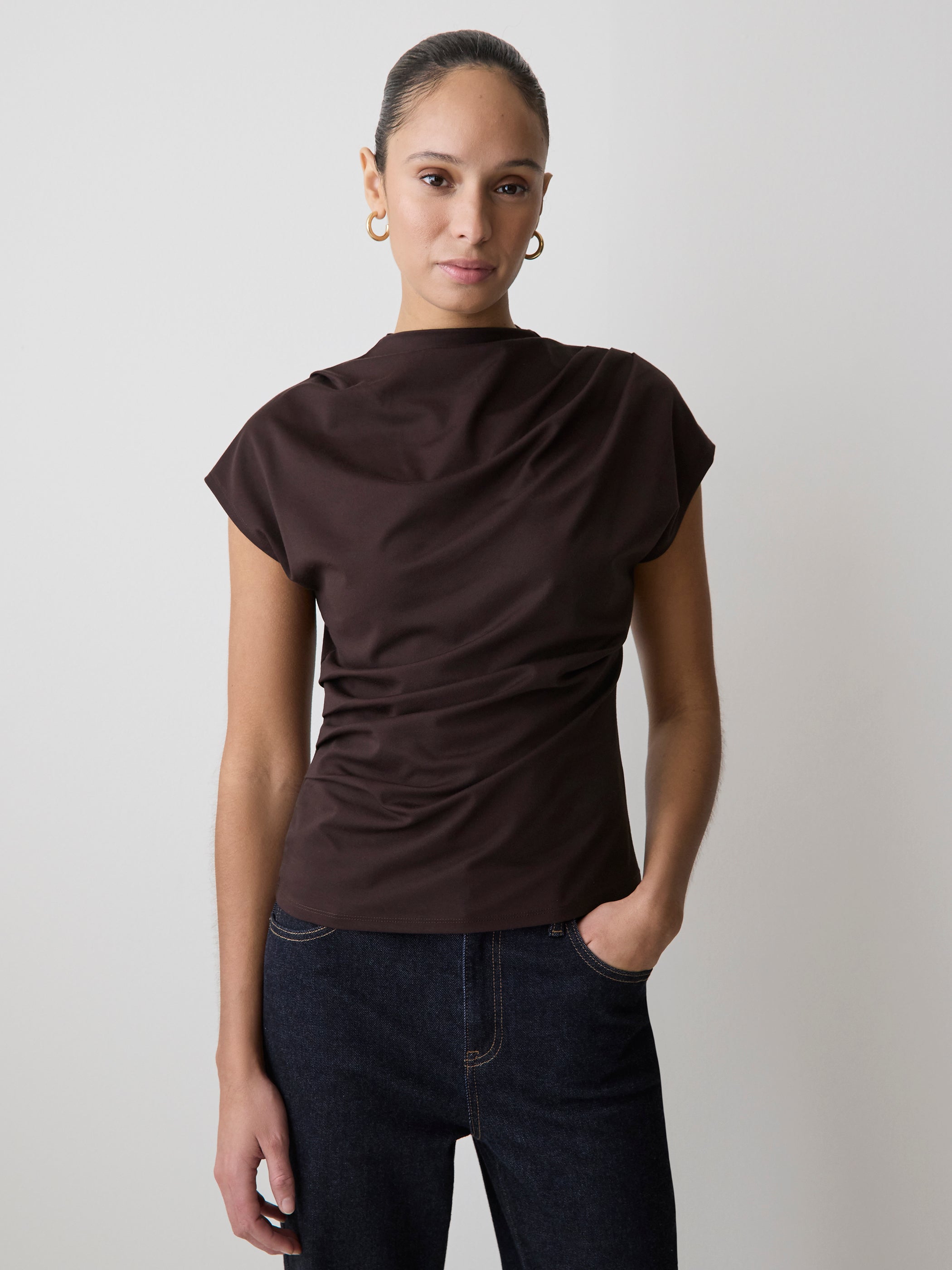 Extended-Sleeve Crew-Neck Draped Top rw&co Great Value Deal