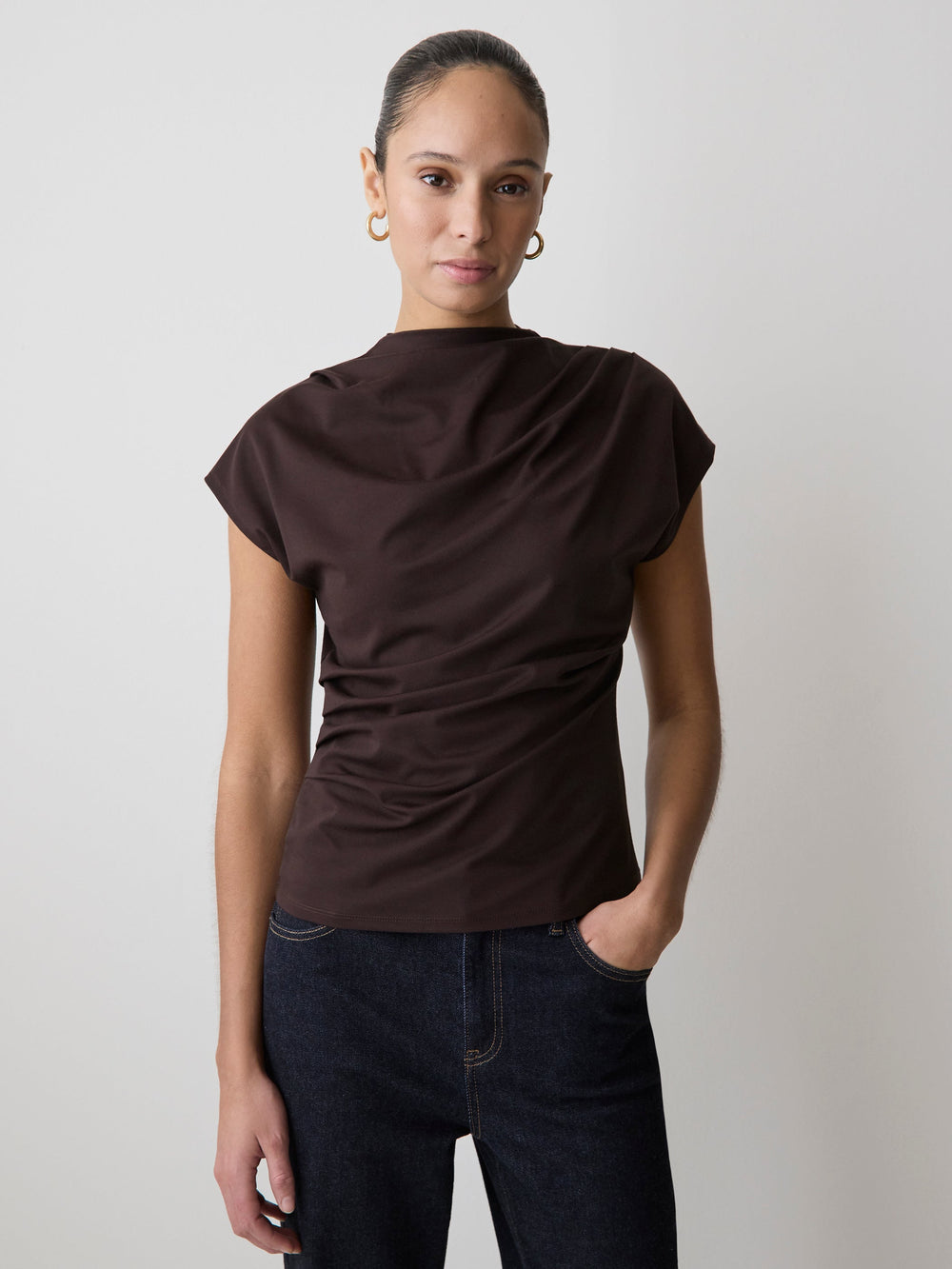 Extended-Sleeve Crew-Neck Draped Top rw&co Great Value Deal