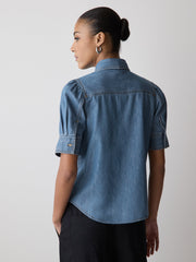 Short-Sleeve Denim Blouse with Shirt Collar rw&co On Sale