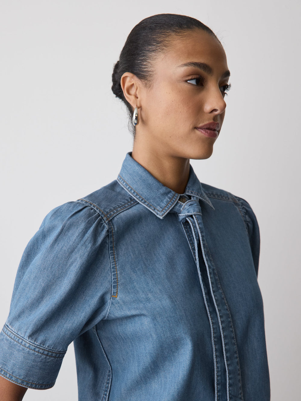 Short-Sleeve Denim Blouse with Shirt Collar rw&co On Sale