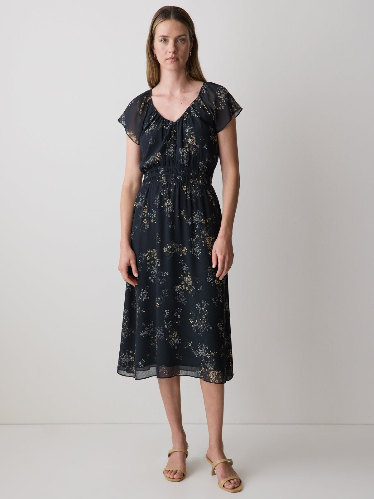 Fit-and-Flare Midi Dress with Short Flutter Sleeves rw&co Limited Time Discount