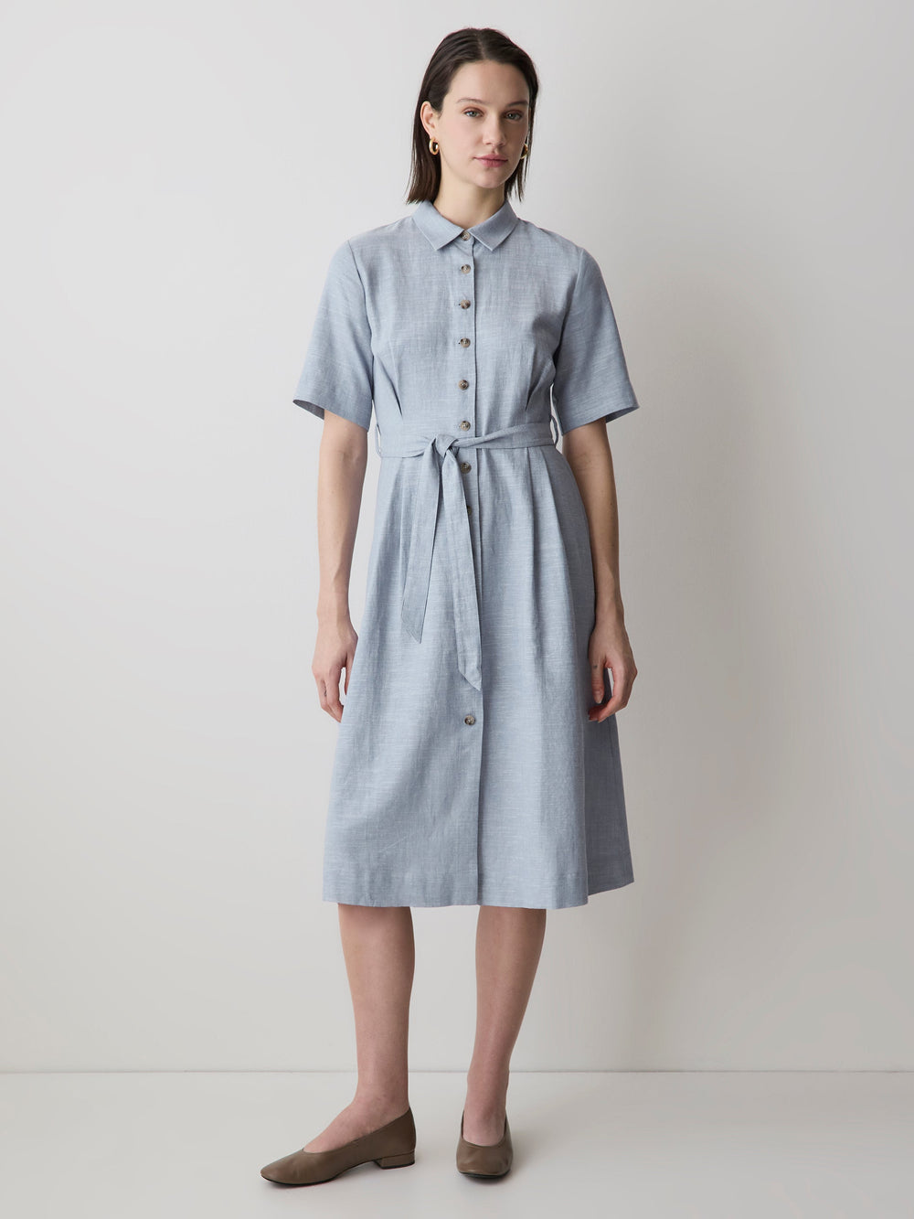 Short-Sleeve Linen-Blend Midi Dress with Shirt Collar rw&co Special Offer