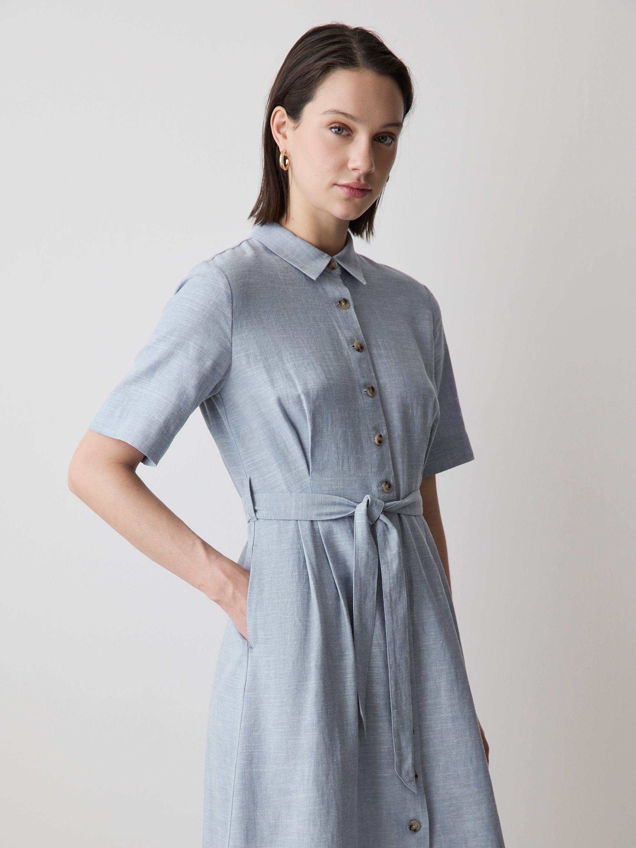 Short-Sleeve Linen-Blend Midi Dress with Shirt Collar rw&co Special Offer