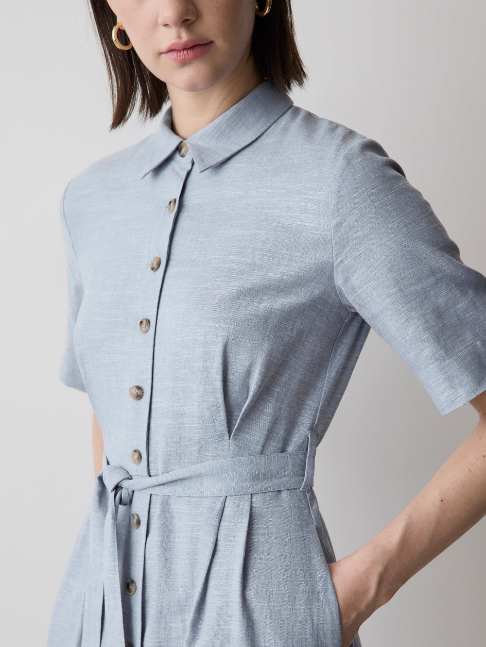 Short-Sleeve Linen-Blend Midi Dress with Shirt Collar rw&co Special Offer