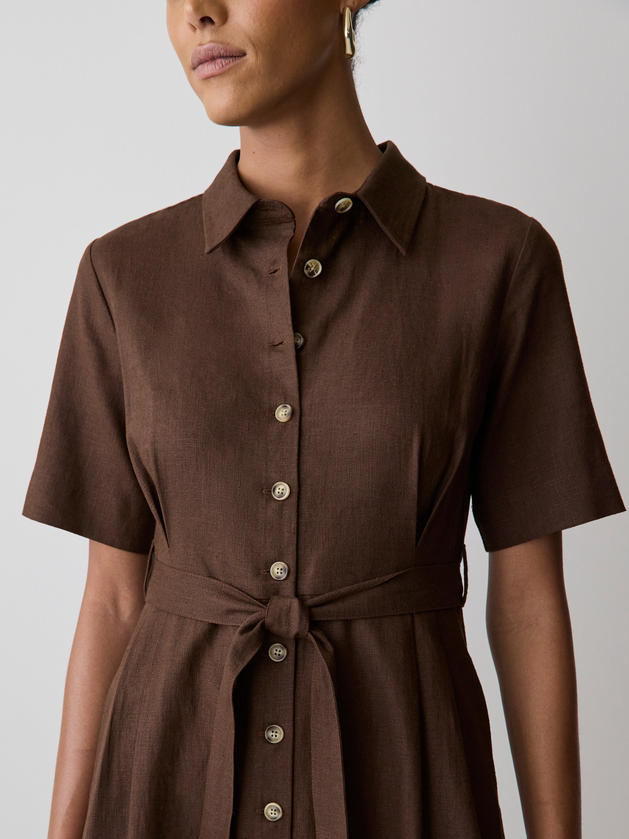 Short-Sleeve Linen-Blend Midi Dress with Shirt Collar rw&co On Sale