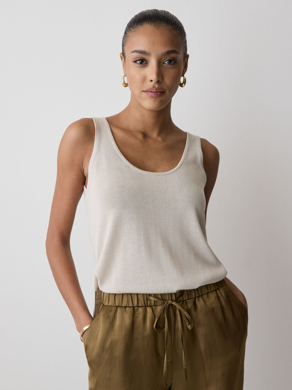 Linen-Blend U-Neck Loose Tank rw&co On Sale