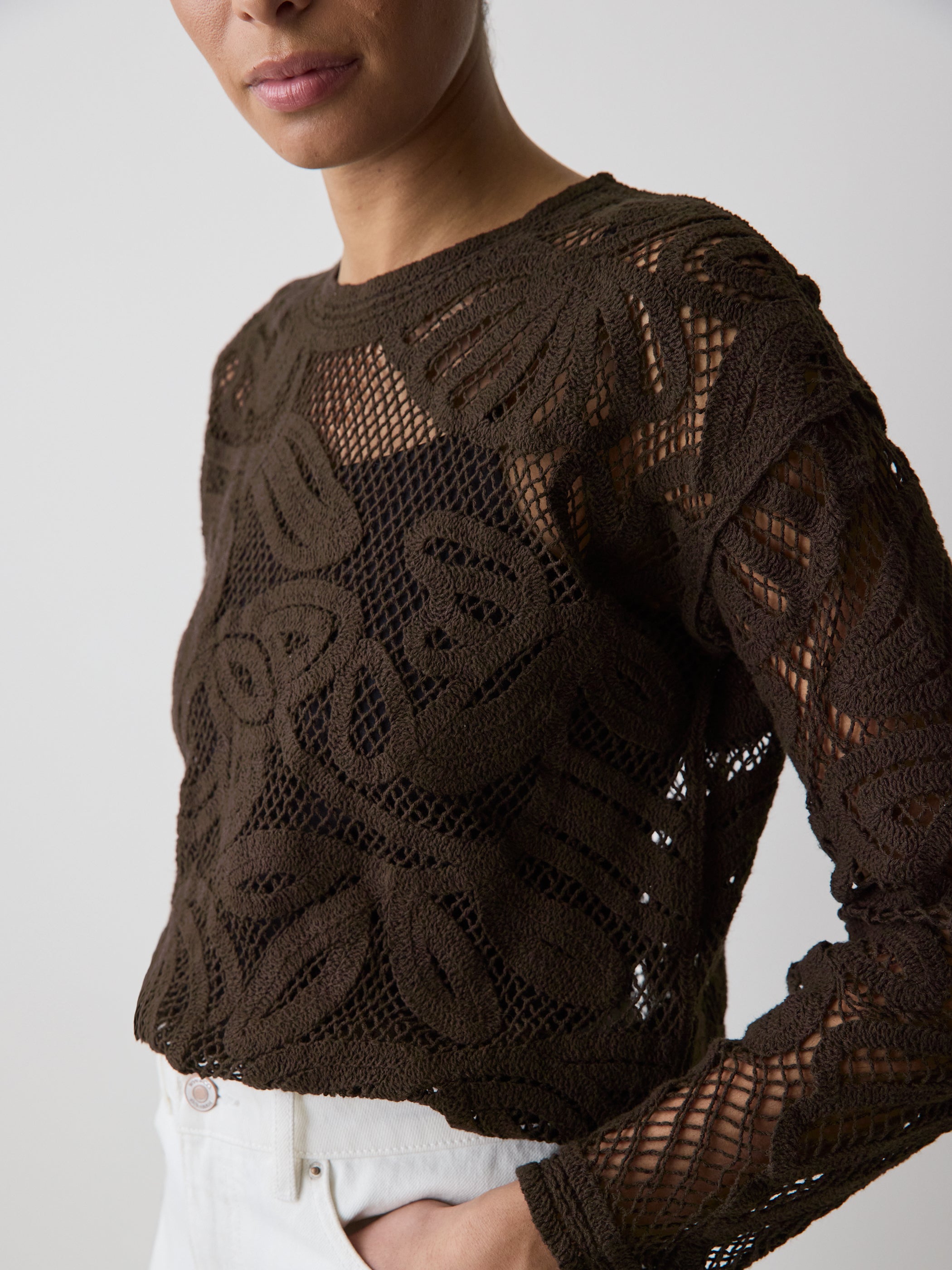 Long-Sleeve Crew-Neck Top with Crochet Details rw&co Limited Time Discount