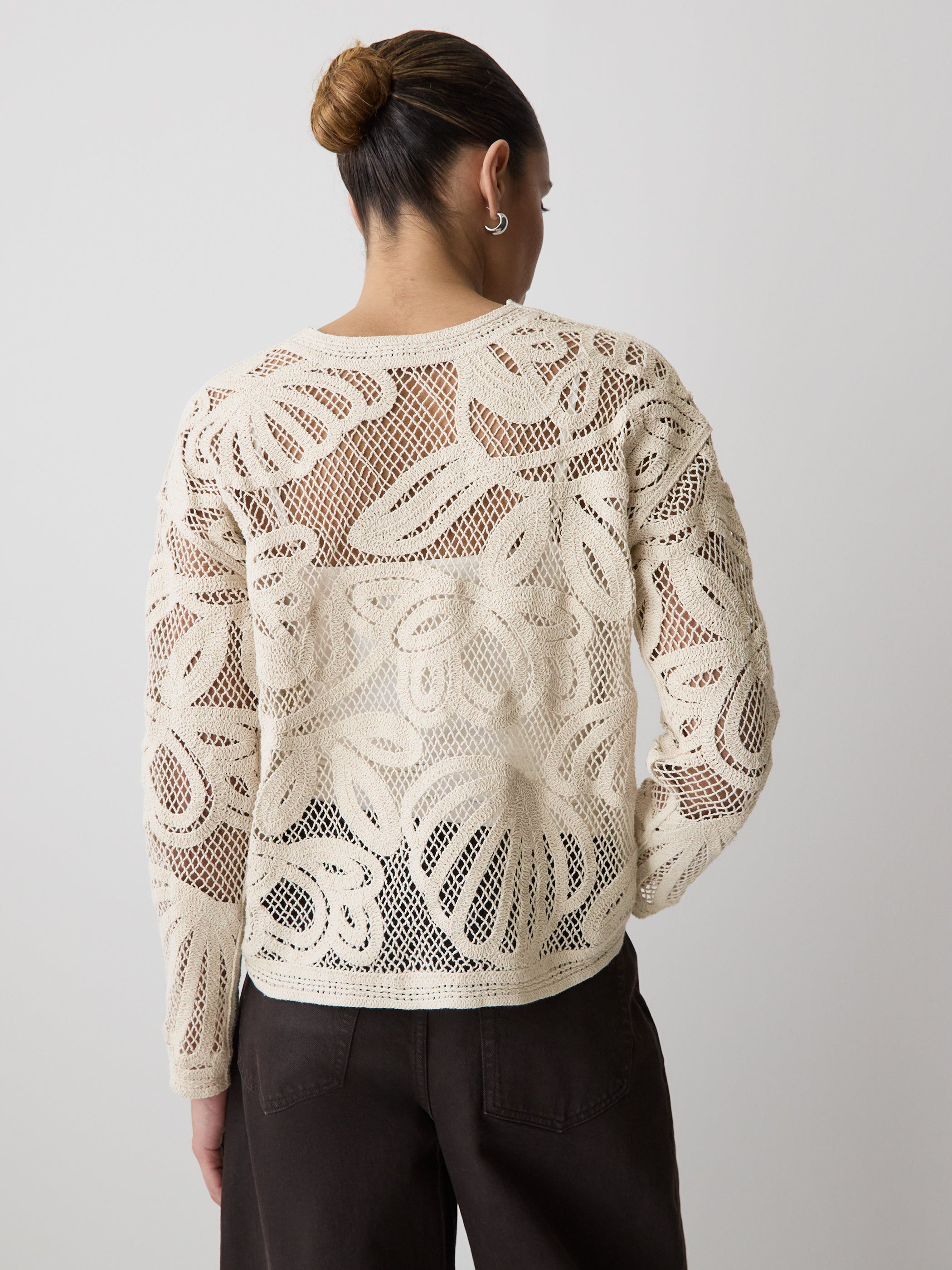 Long-Sleeve Crew-Neck Top with Crochet Details rw&co Limited Time Discount
