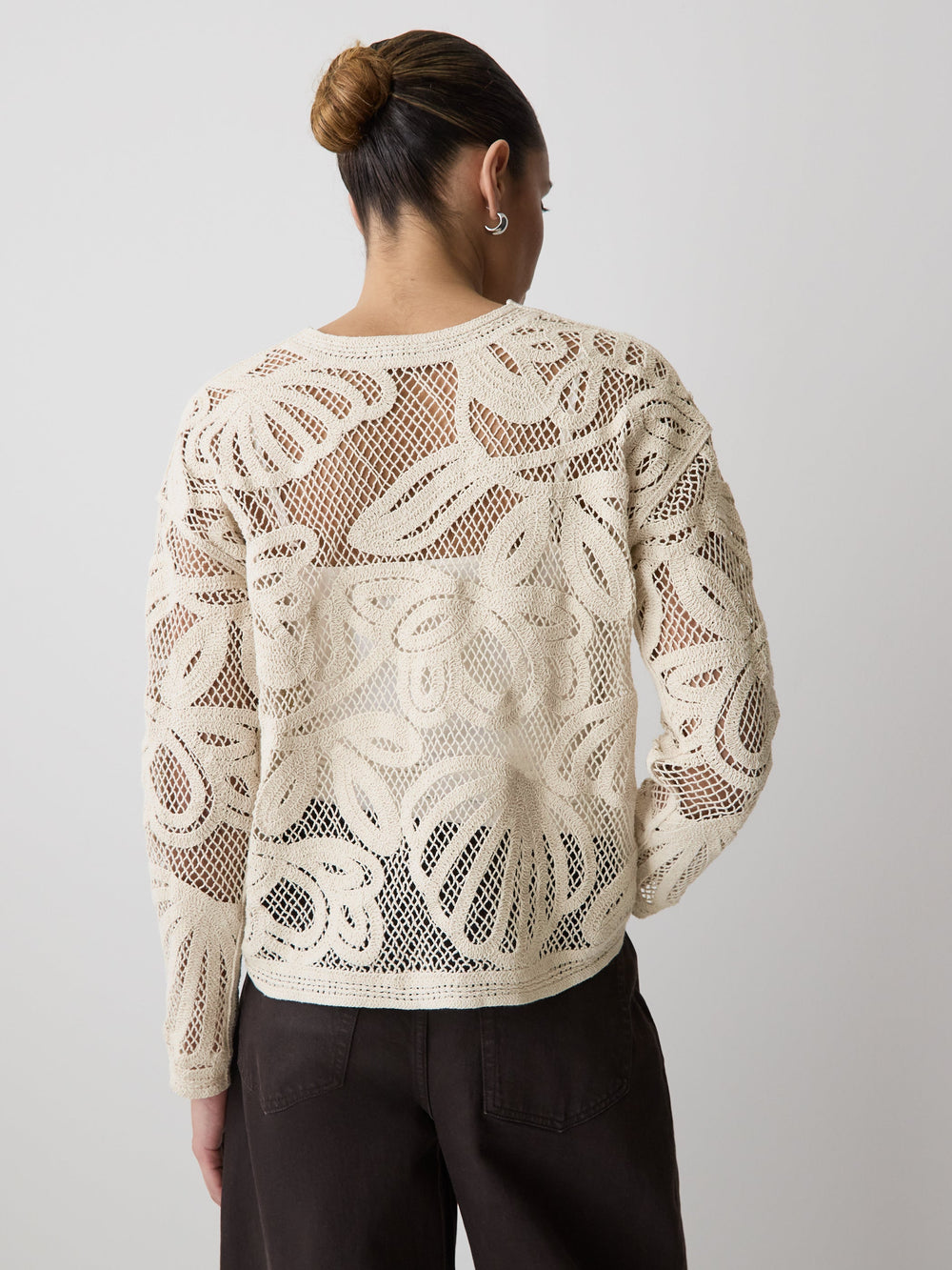 Long-Sleeve Crew-Neck Top with Crochet Details rw&co Limited Time Discount