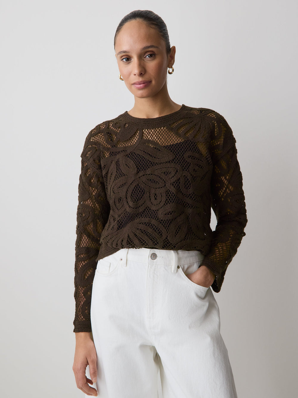 Long-Sleeve Crew-Neck Top with Crochet Details rw&co Limited Time Discount