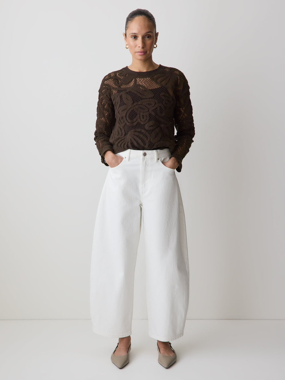 Long-Sleeve Crew-Neck Top with Crochet Details rw&co Limited Time Discount