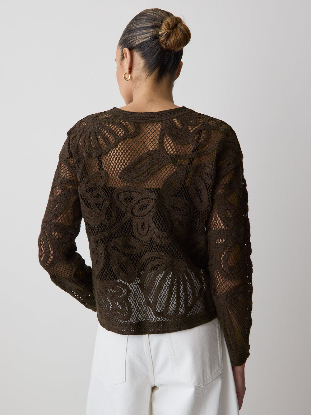 Long-Sleeve Crew-Neck Top with Crochet Details rw&co Limited Time Discount