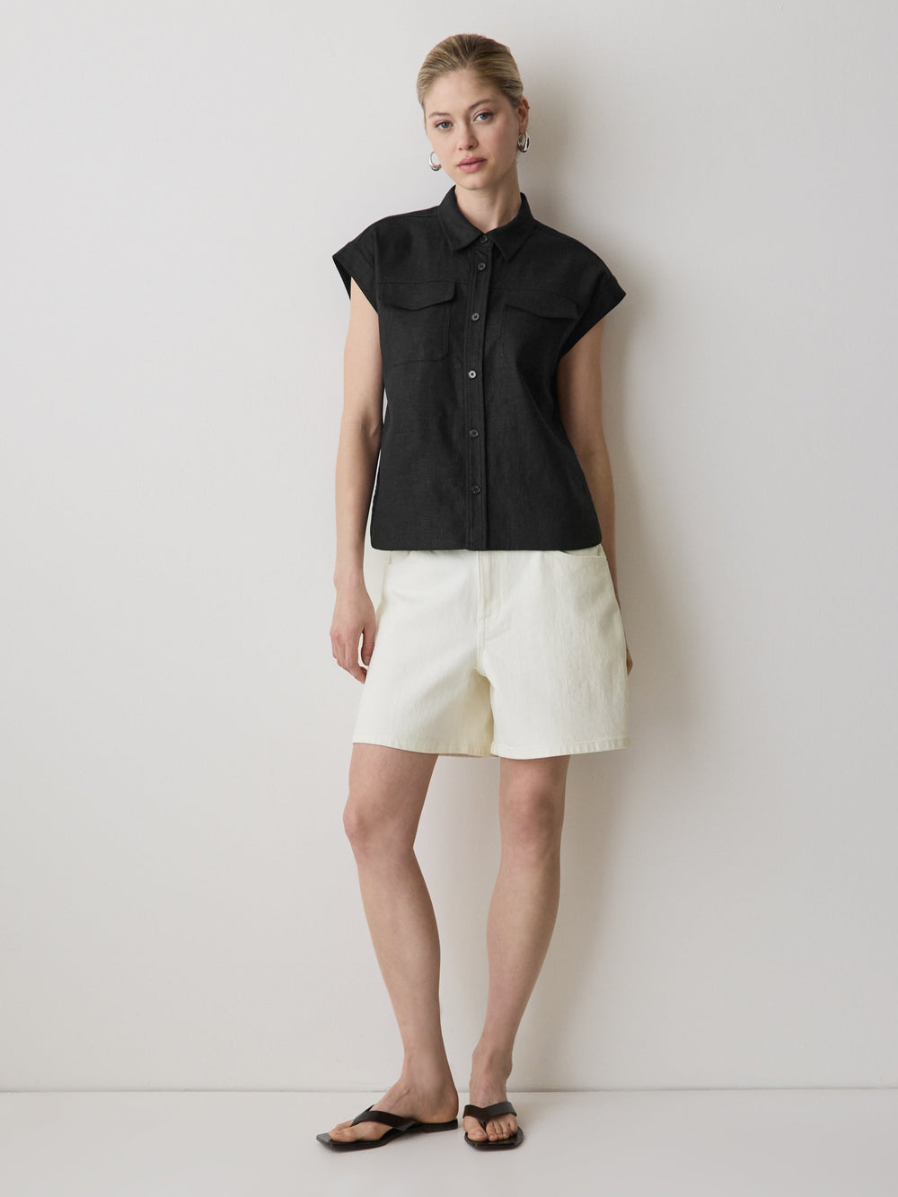 Linen-Blend Extended-Sleeve Blouse with Shirt Collar rw&co Special Promo Price