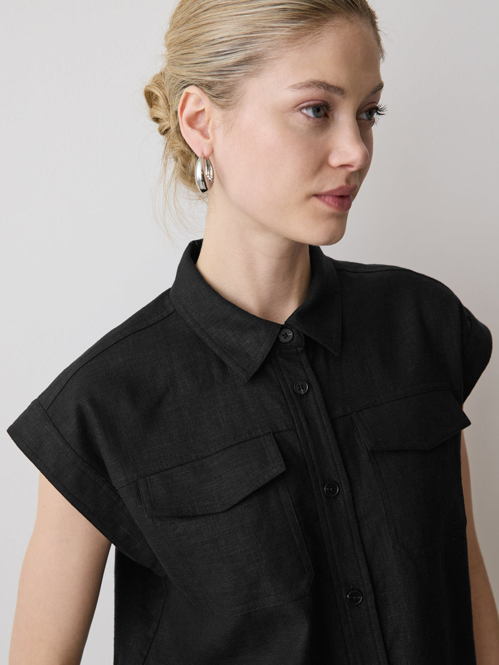 Linen-Blend Extended-Sleeve Blouse with Shirt Collar rw&co Special Promo Price