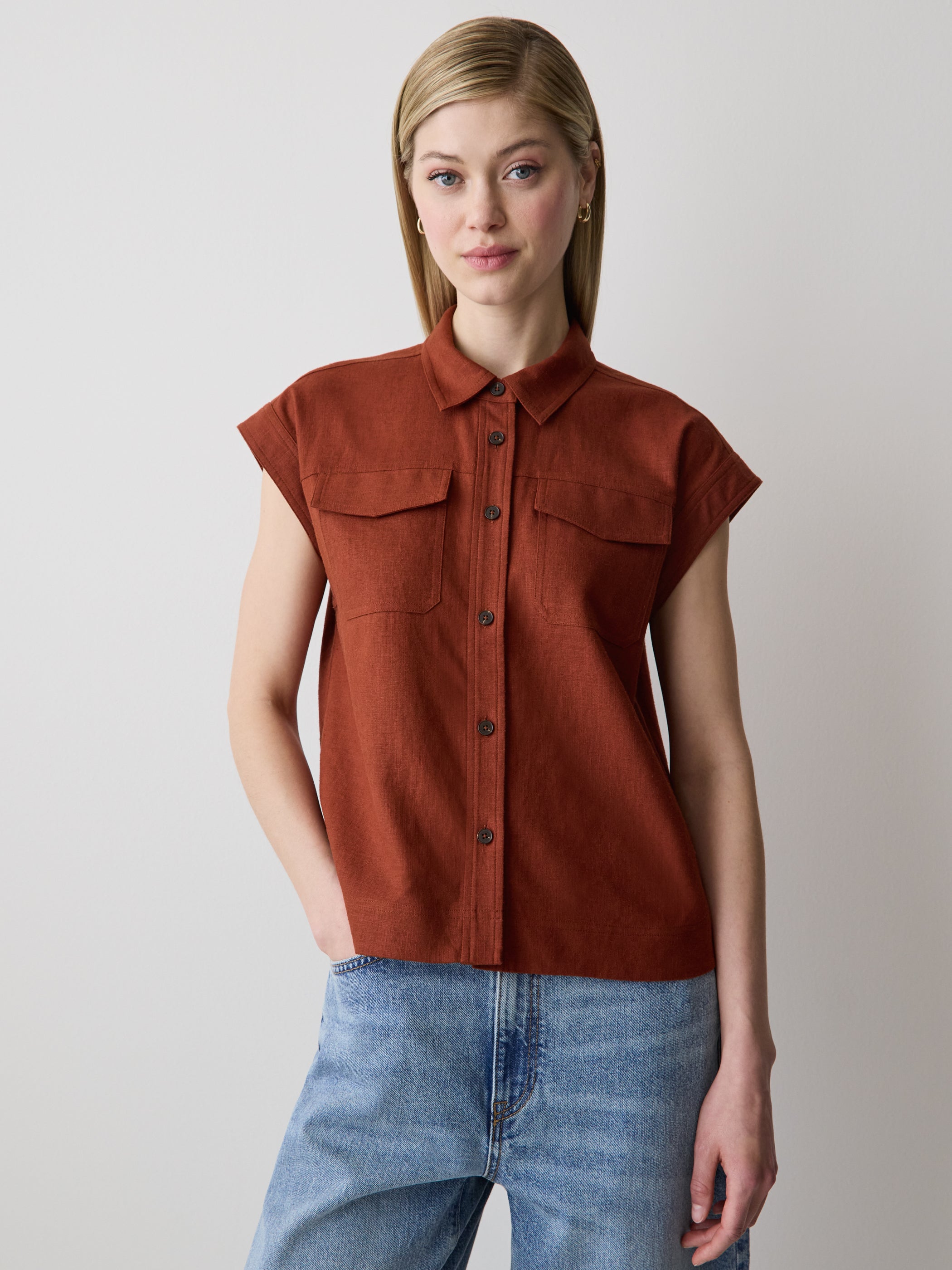 Linen-Blend Extended-Sleeve Blouse with Shirt Collar rw&co Special Promo Price