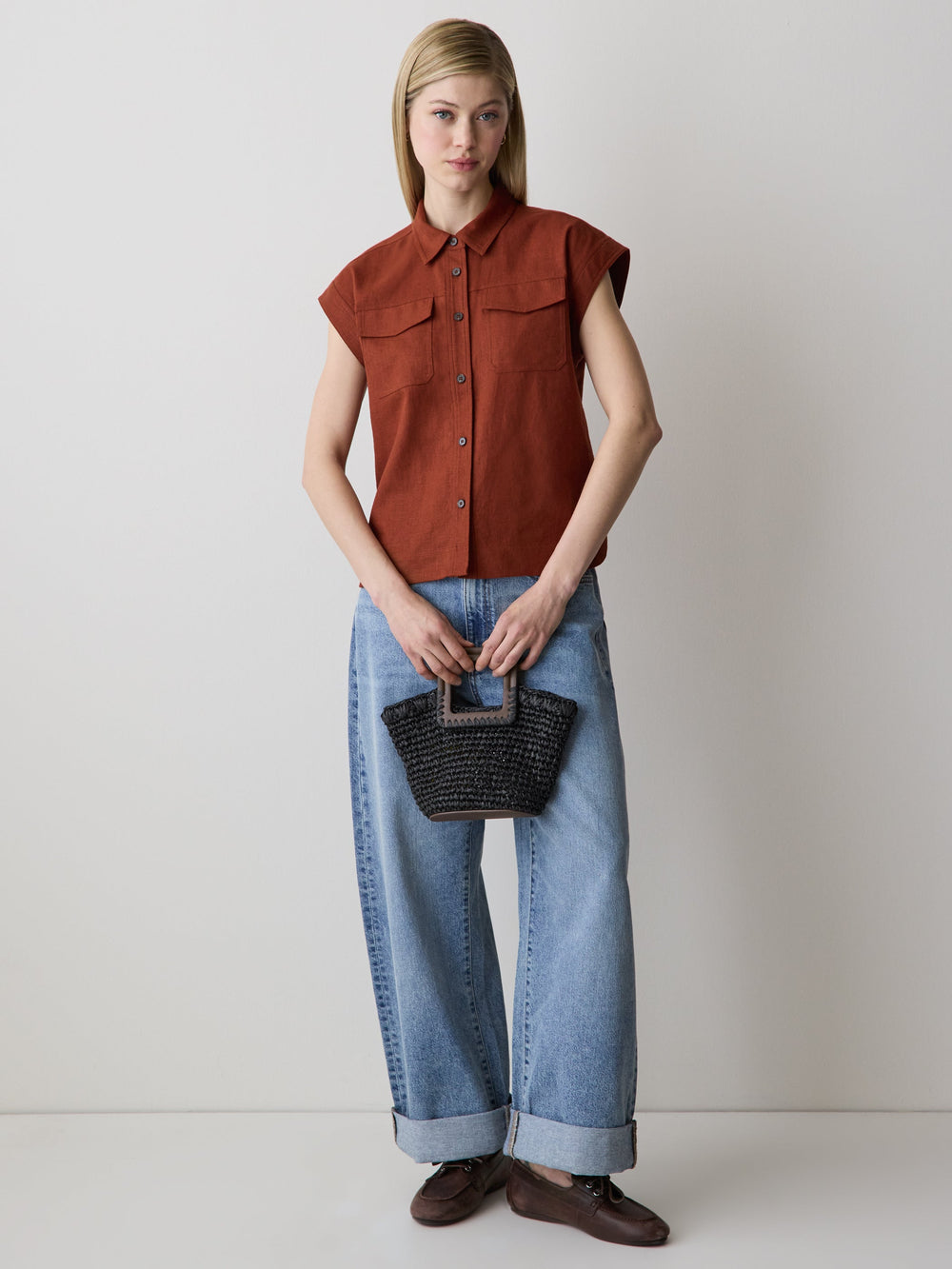 Linen-Blend Extended-Sleeve Blouse with Shirt Collar rw&co Special Promo Price
