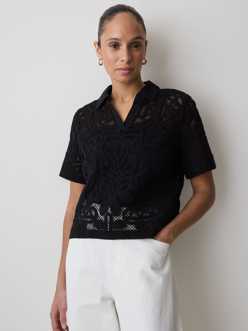 Short-Sleeve Crochet Polo Top rw&co Limited Time Discount